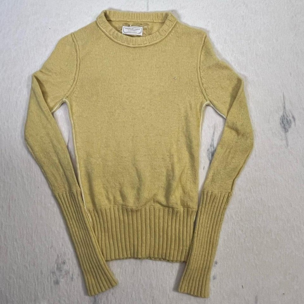 American Eagle Yellow Knit Sweater Women's Small‎ Ribbed Hem Crewneck Y2K